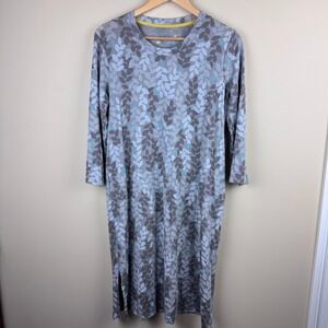 Gudrun Sjoden Gray Leaf Print Tencel Long Sleeve Midi Dress Size M Pockets